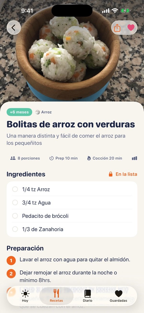 Receta: Ingredientes con lista de compras, pasos y alérgenos.
