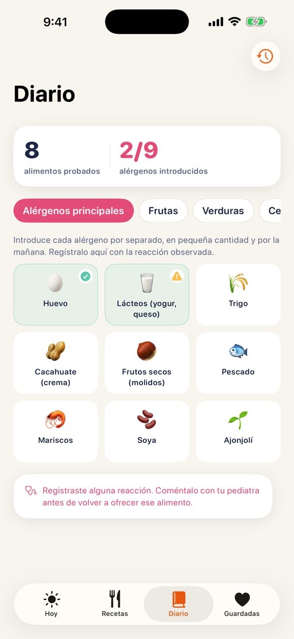 Diario: Registra primeros alimentos, alérgenos y reacciones.